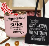 Gadżety dla niej i dla niego - Zestaw prezentowy na 50 urodziny - kubek na 50 z imieniem oraz torba - miniaturka - grafika 1