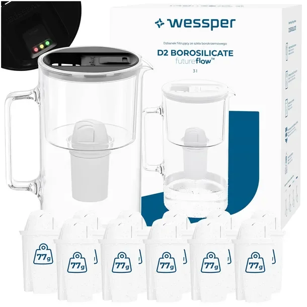 Dzbanek filtrujący szklany Wessper D2 BOROSILICATE FF 3l czarny + 12x filtr