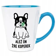 Kubki - Kubek Latte Niebiesko Biały ALEŻ ON ŻRE KOPEREK 300 ml Na Prezent Wzory - miniaturka - grafika 1