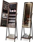 Biżuteria - akcesoria - Wolnostojąca szafka na biżuterię 160 cm, zamykany stojak na biżuterię z 3-kolorową diodą LED i pełnowymiarowym lustrem oraz 2 szufladami (brązowy) - miniaturka - grafika 1