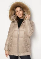 Kurtki damskie - Ciemnobeżowa Pikowana Kurtka z Kapturem z Odpinanym Futerkiem Galiara - miniaturka - grafika 1