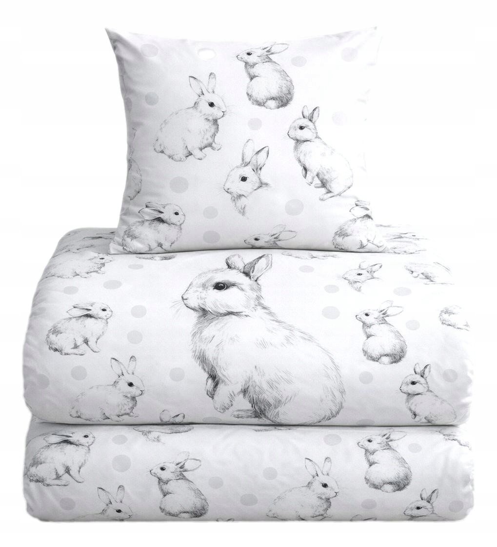Pościel królik biała graficzna 140x200 bawełniana Bezpieczne Tekstylia