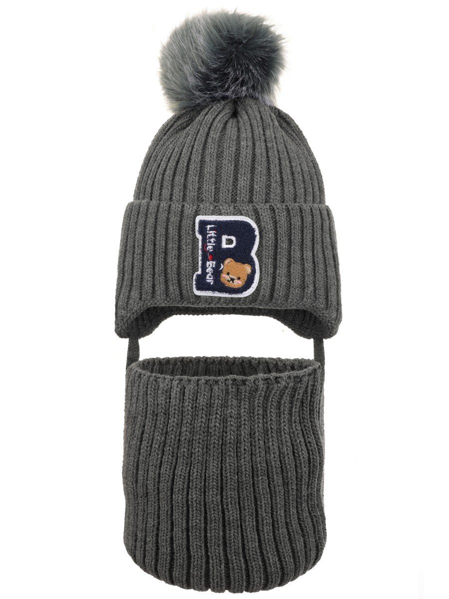 Chłopięcy komplet zimowy czapka uszatka i komin szary Ambra r.46/48