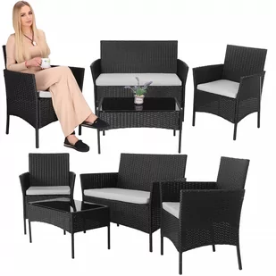 Meble ogrodowe technorattanowe komplet sofa, 2 fotele i stolik ze szklanym blatem czarne - Meble ogrodowe - miniaturka - grafika 1