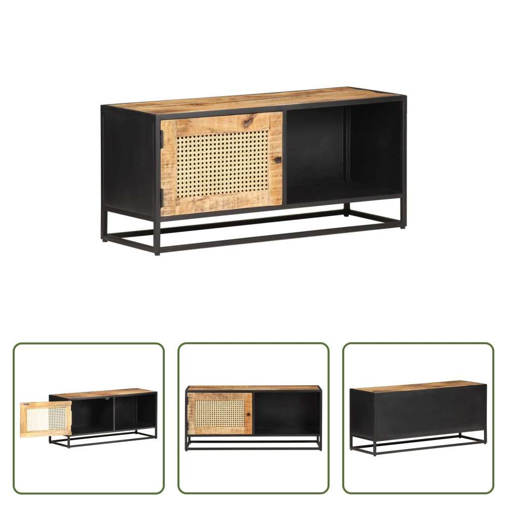 The Living Store Szafka pod telewizor 90x30x40 cm Szorstkie drewno mango i wiedeńska wiklina