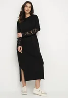 Sukienki - Czarna Bawełniana Sukienka T-shirt z Rozcięciami i Koronkowymi Rękawami Fenisia - miniaturka - grafika 1