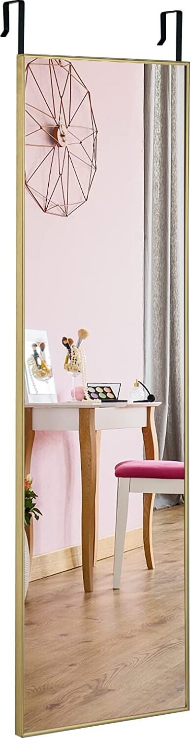 Lustro ścienne 120 x 37 cm, pełnowymiarowe lustro do montażu na ścianie i drzwiach, lustro drzwiowe z 3 regulowanymi haczykami, szkło hartowane i metalowa rama, wiszące lustro do garderoby (złote)