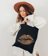 Torby i wózki na zakupy - czarna torba bawełniana - usta panterka - miniaturka - grafika 1