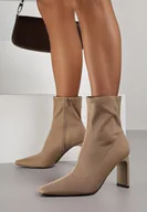 Botki damskie - Ciemnobeżowe Skarpetkowe Botki na Słupku z Noskiem w Szpic Atine - miniaturka - grafika 1
