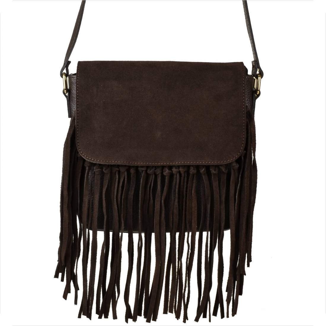 Vera Pelle włoska listonoszka z frędzlami skóra naturalna zamszowa i licowa czekolada