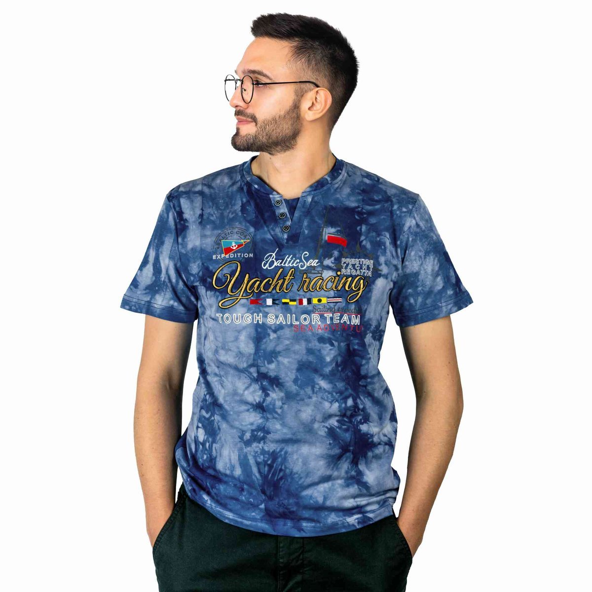 KOSZULKA Męska T-SHIRT Haft DELIKATNA Bawełna CAPTAIN MIKE Niebieska 5XL