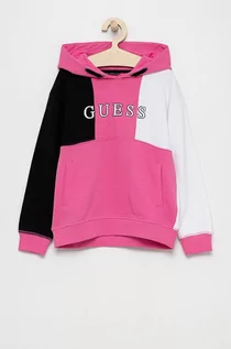 Bluzy damskie - Guess Bluza bawełniana dziecięca kolor różowy z kapturem wzorzysta - grafika 1