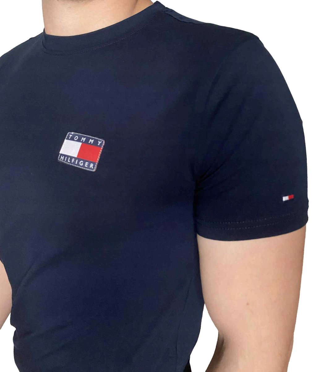 Męski T-shirt Bawełniany Granatowa Koszulka TOMMY HILFIGER z Logo SLIM r.S