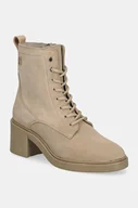 Botki damskie - Tommy Hilfiger botki zamszowe SUEDE MID HEEL LACEUP LOGOTAPE damskie kolor beżowy na słupku FW0FW08090 - miniaturka - grafika 1