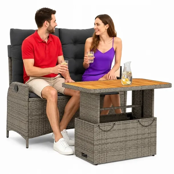 Zestaw mebli ogrodowych z rattanem PE, szary, stół 90x55x40/71 cm, ławka