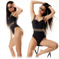 Stroje kąpielowe - STRÓJ KOSTIUM KĄPIELOWY DAMSKI USZTYWNIANY PUSH UP CZARNY ZŁOTY PIN UP M - miniaturka - grafika 1