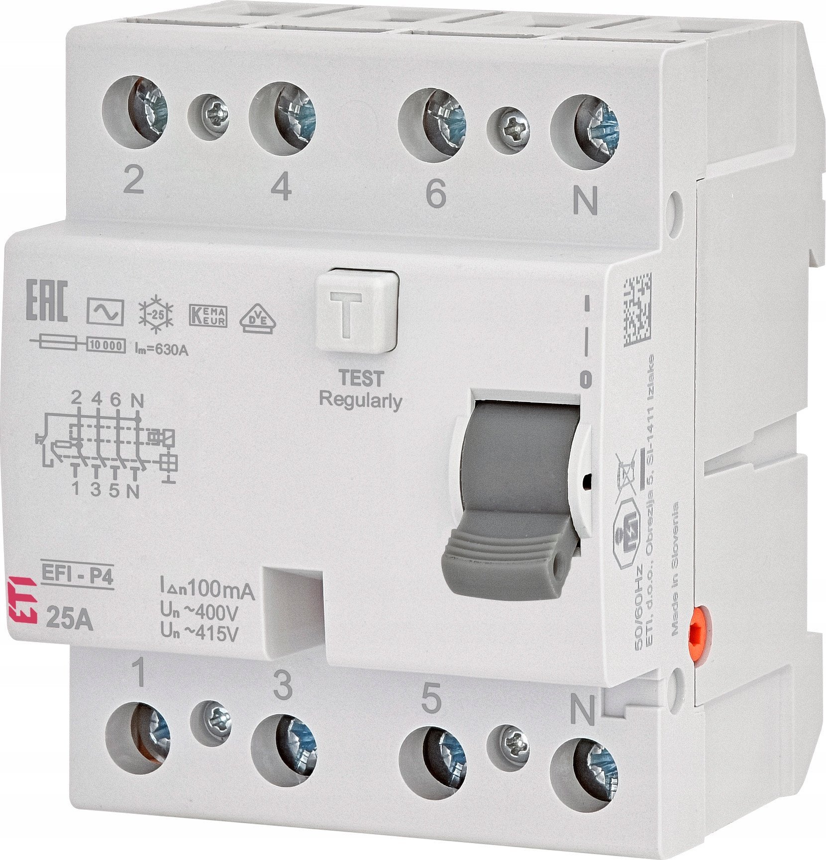 Wyłącznik różnicowoprądowy ETI Polam EFI-P4 002061621 3P+N 25A AC 0,1mA 10kA