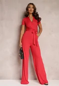 Kombinezony - Czerwony Wiązany Kombinezon z Długimi Nogawkami i Kopertowym Dekoltem Adithia - miniaturka - grafika 1