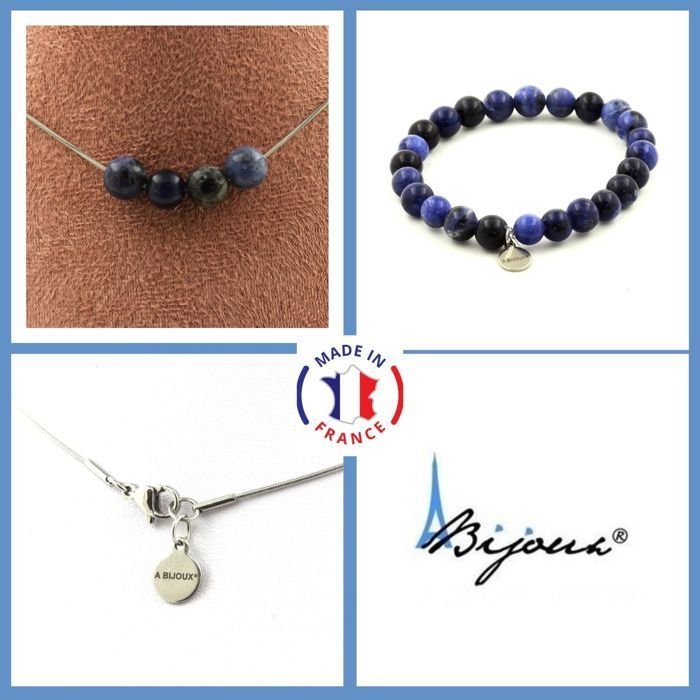 Kamienie i minerały. Komplet biżuterii Bransoletka Naszyjnik 4 Koraliki Sodalitu 8 mm. Łańcuszek stalowy Możliwość dostosowania rozmiaru.