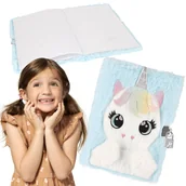 Notesy i bloczki - Pluszowy pamiętnik/notes zamykany na kłódkę, niebieski Jednorożec w linie A5 - miniaturka - grafika 1