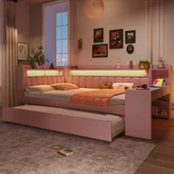 Meble do sypialni - Łóżko wysuwane 140 x 200 cm z zagłówkiem i biurkiem - MDF + sklejka + pościel - porty USB i diody LED - różowe (materac nie jest wliczony w cenę) - miniaturka - grafika 1