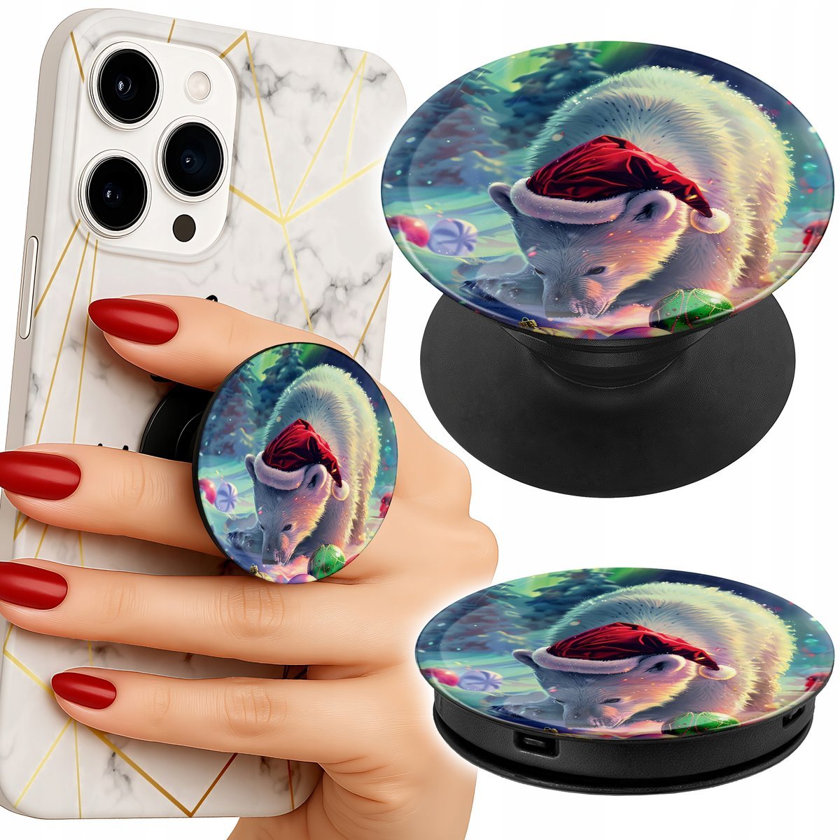 Uchwyt do telefonu Popsocket na palce/stojak ŚWIĄTECZNY NIEDŹWIEDŹ BOMBKI
