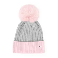 Czapki damskie - Damska czapka z futerkowym pomponem szaro - różowa - miniaturka - grafika 1