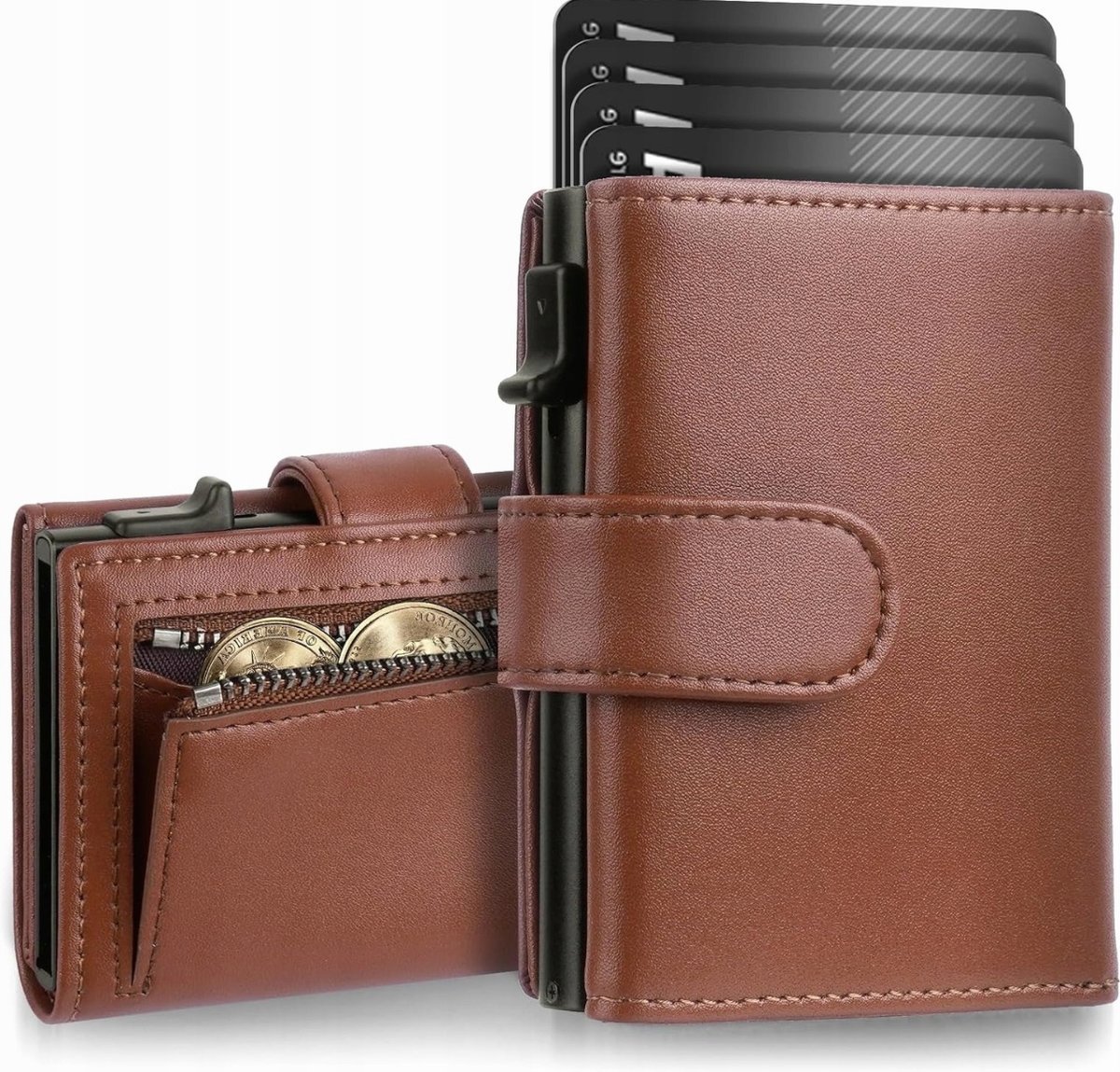 PORTFEL MĘSKI SKÓRZANY SLIM RFID BRĄZOWY MONETY KARTY 98X25X70MM