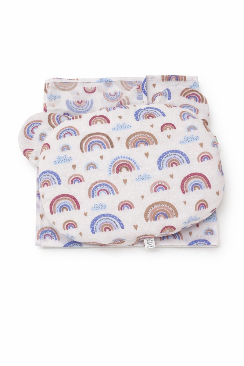 Poduszka Miś + Otulacz Flanela 80x80 do Wózka / Dostawki – Wyprawka tęcza