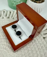 Spinki do mankietów i krawatów - SPINKI DO MANKIETÓW czarne oczka smokingowe srebrne - miniaturka - grafika 1