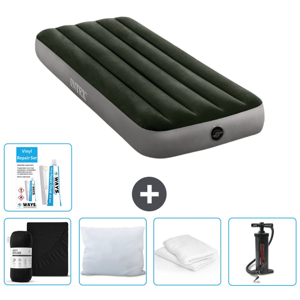Dmuchane łóżko Intex - 1 osoba - 76 x 191 x 25 cm - zielone - w zestawie prześcieradło - pocałunek - pompka - zestaw naprawczy en ochraniacz na poduszkę