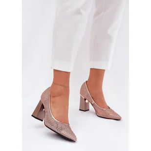 Zdobione Siateczkowe Czółenka Na Słupku Vinceza 62211 Beżowe beżowy - Czółenka - miniaturka - grafika 1