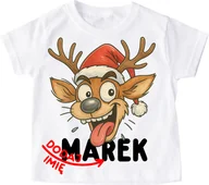 Koszulki dla dziewczynek - Koszulka dla dziecka z śmiesznym reniferem i imieniem na mikołajki - wzór renifer23 - miniaturka - grafika 1