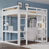 Łóżka dla dzieci i młodzieży - Łóżko piętrowe 140 x 200 cm z biurkiem, wieszakiem na ubrania i półkami - Sosna + sklejka + MDF - Białe (Bez materaca) - miniaturka - grafika 1