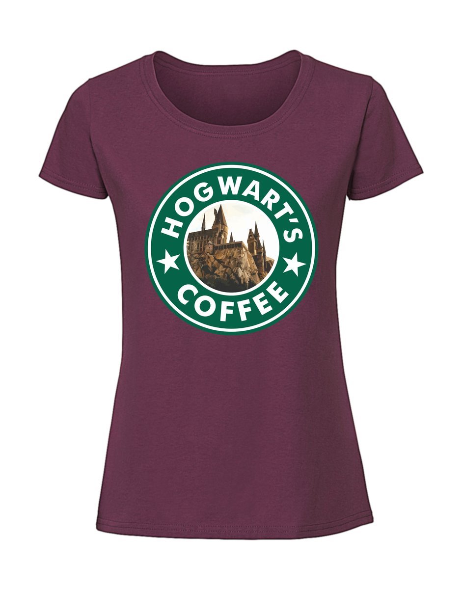 Damska koszulka z nadrukiem - hogwart_s coffee Burgundowy S