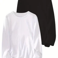 Bluzki damskie - TEMU [2 szt. T-shirty z długim rękawem] 2-pack damskie casualowe T-shirty z długim rękawem, jednokolorowe poliestrowe dzianinowe topy z okrągłym - miniaturka - grafika 1