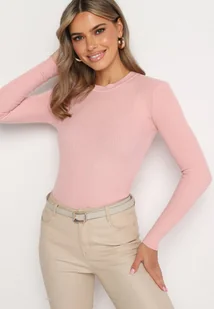 Różowa Bluzka z Długimi Rękawami z Dzianiny w Delikatne Prążki Terilanne - Bluzki damskie - miniaturka - grafika 1