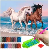 Malowanie po numerach - Haft Diamentowy ARTULIO, Obraz DIY 5D, Diamond Painting, Mozaika diamentowa 30x40cm (Para koni biegnących plażą) + zestaw akcesoriów - miniaturka - grafika 1