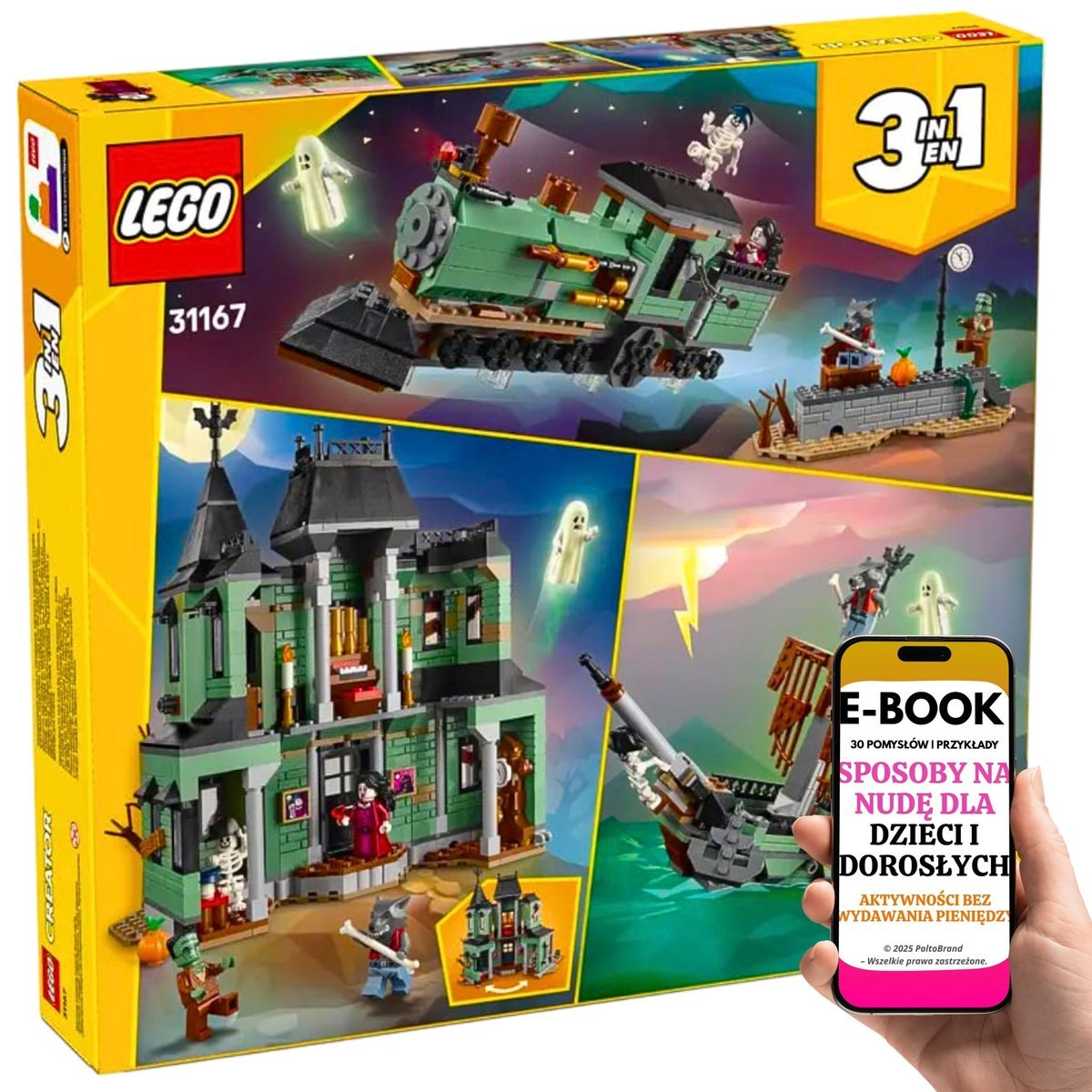 LEGO PREZENT DLA DZIECKA 9+ LEGO 3w1 NAWIEDZONY DOM, POCIĄG i STATEK (31167) Ciekawe budowanie i STRASZNA zabawa + EBOOK-3