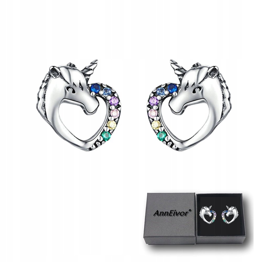 Kolczyki Damskie Srebrne 925 Konik Jednorożec Kolorowe Kryształki Sztyft