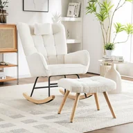 Fotele - 93 cm biały wygodny fotel bujany z podnóżkiem, poduszką lędźwiową, ramą z drewna kauczukowego, leżanką - miniaturka - grafika 1