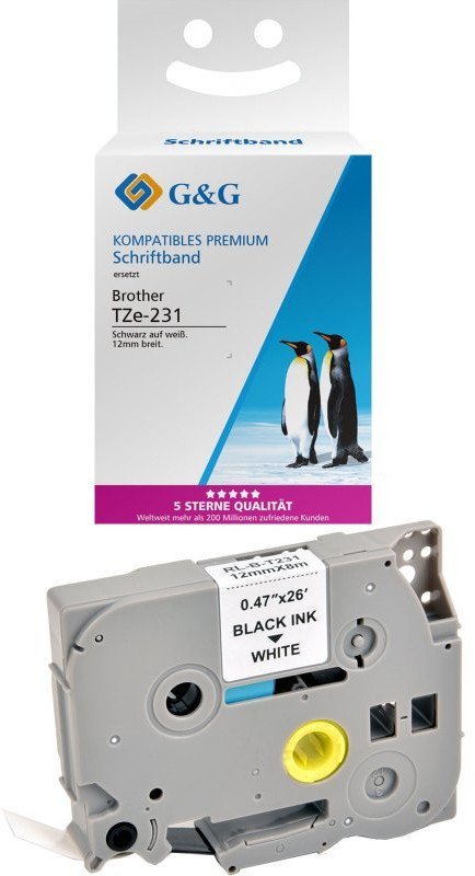 G&G Schriftband 12mm x 8m sw-ws komp. m. Brother Tze-231