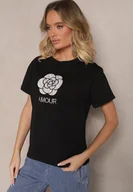 Bluzki damskie - Czarna Bawełniana Bluzka Ozdobiona Napisem i Haftem Nalanith - miniaturka - grafika 1