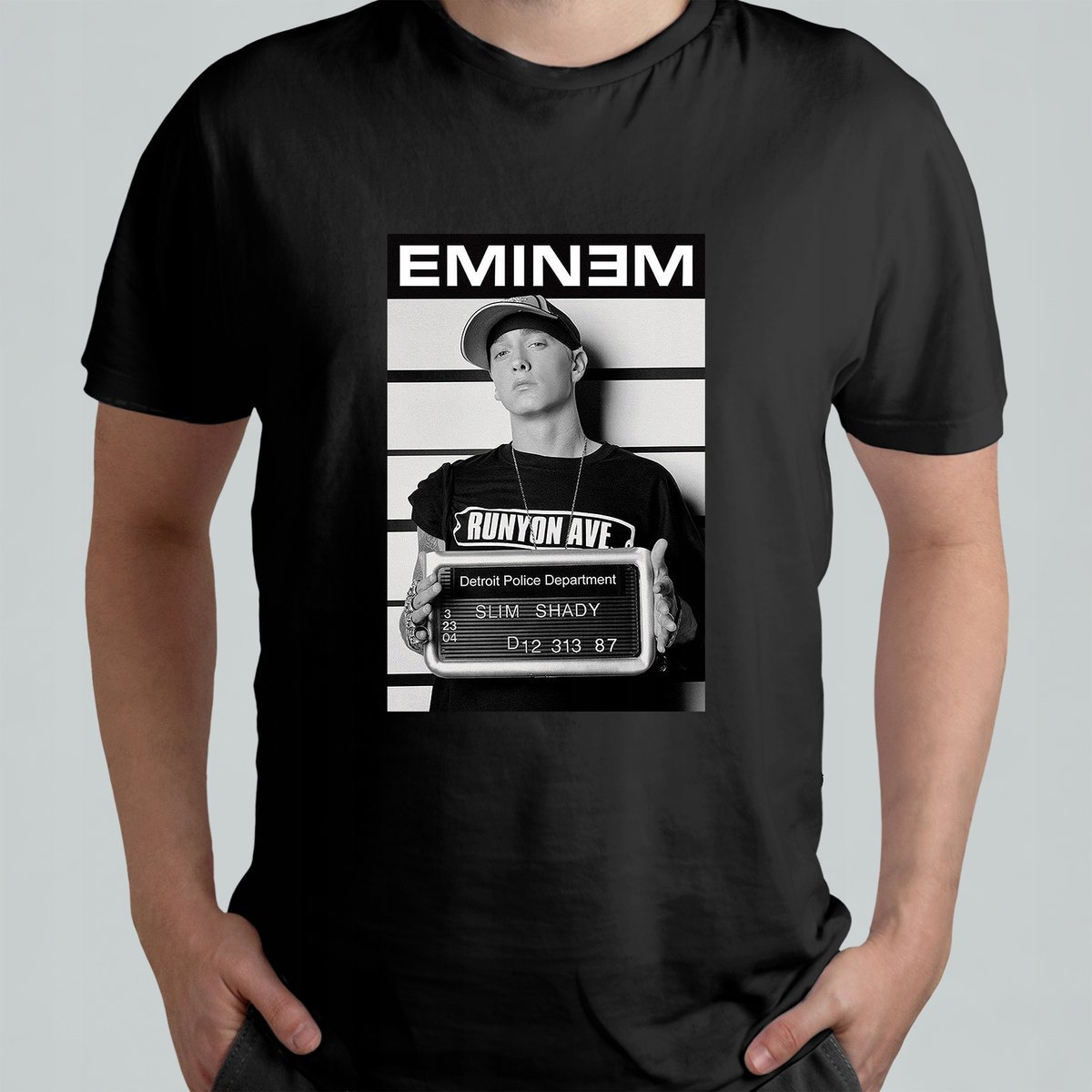 CZARNA KOSZULKA Z NADRUKIEM MĘSKA ŚMIESZNA T-SHIRT EMINEM MUGSHOT r. L