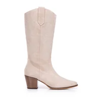 Półbuty męskie - Damskie kowbojki z zamszu w haftowane wzory jasny beż - miniaturka - grafika 1