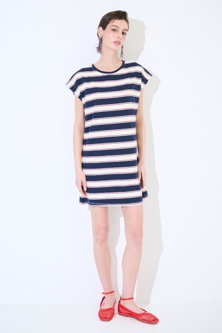 Prosta Sukienka Oversize W Paski - Granatowy M/L