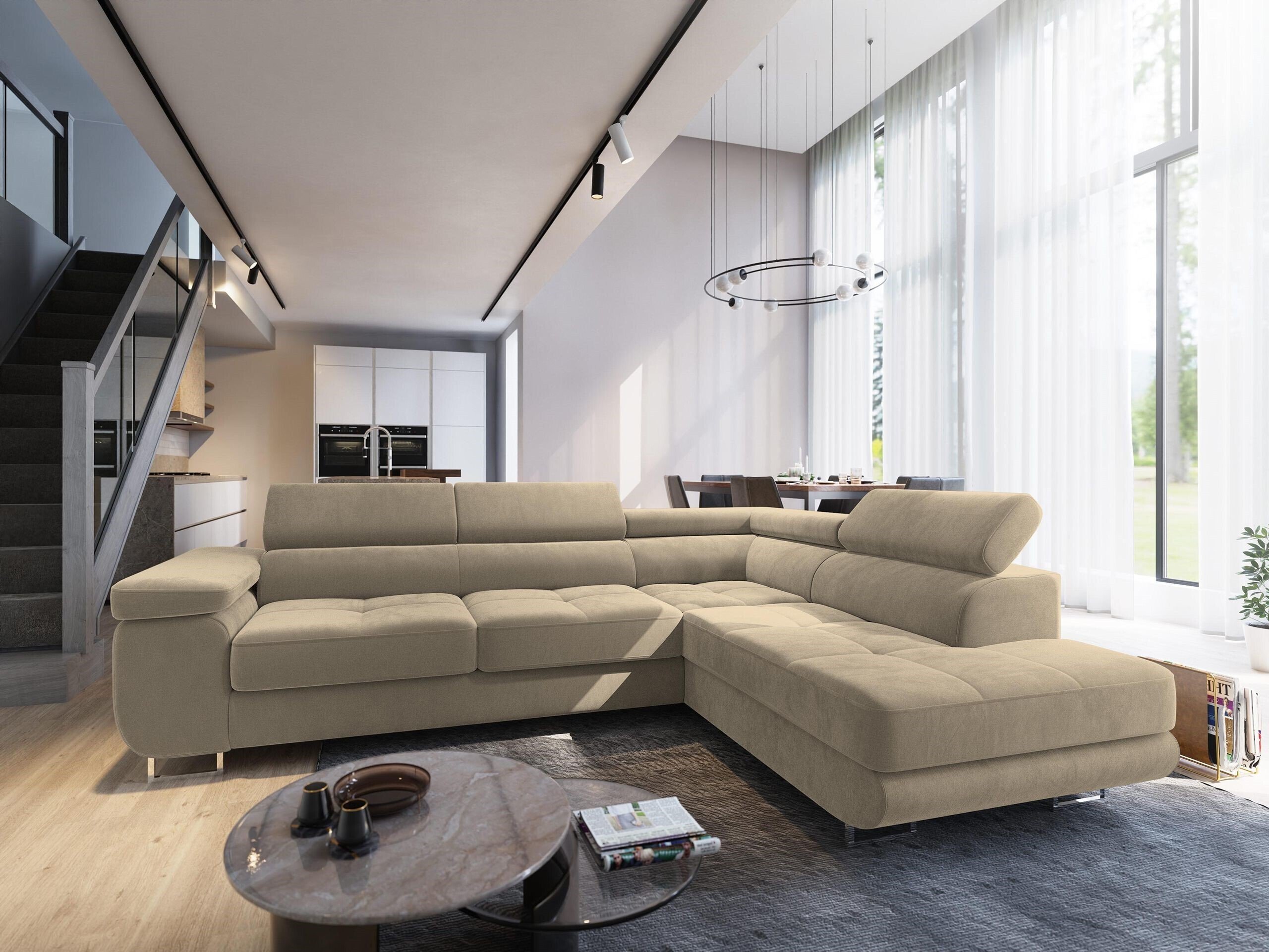 Masseno Narożnik SELVA R-S z funkcją spania i pojemnikiem na pościel Kształt L, Rozkładana sofa, Rogówka - Kremowy, MONOLITH 04