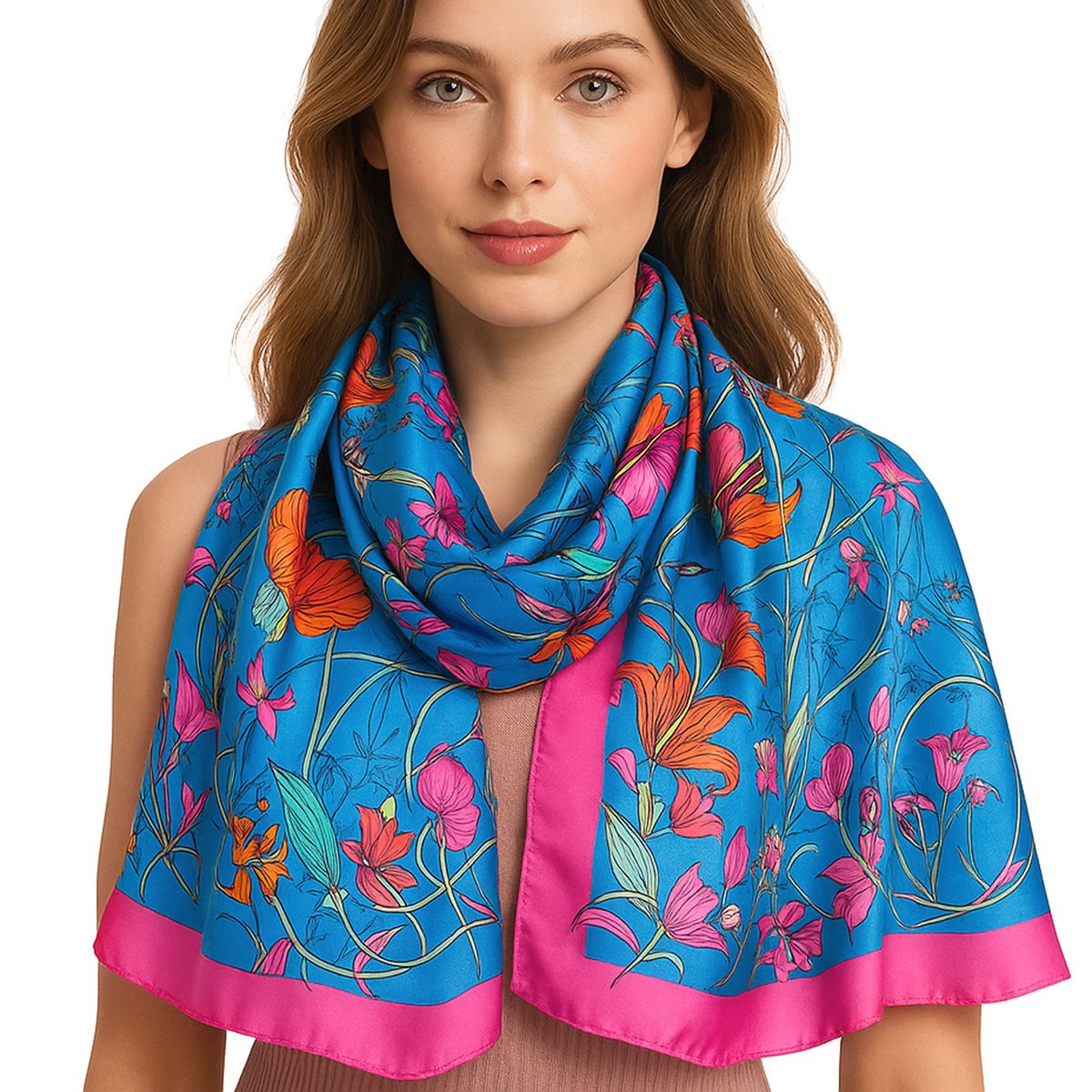 Szal damski niebieski w kwiaty 180x85