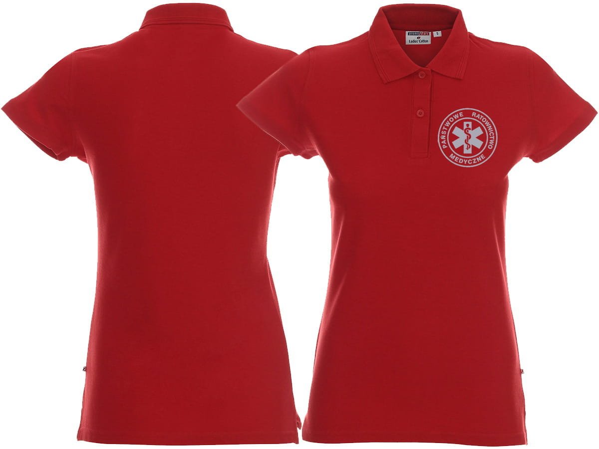 Koszulka Polo ratownicza czerwona damska odblaskowa FUNKCYJNA - nadruk przód