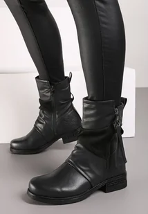 Czarne Casualowe Botki z Marszczoną Cholewką i Ozdobnym Suwakiem Riaelle - Botki damskie - miniaturka - grafika 1